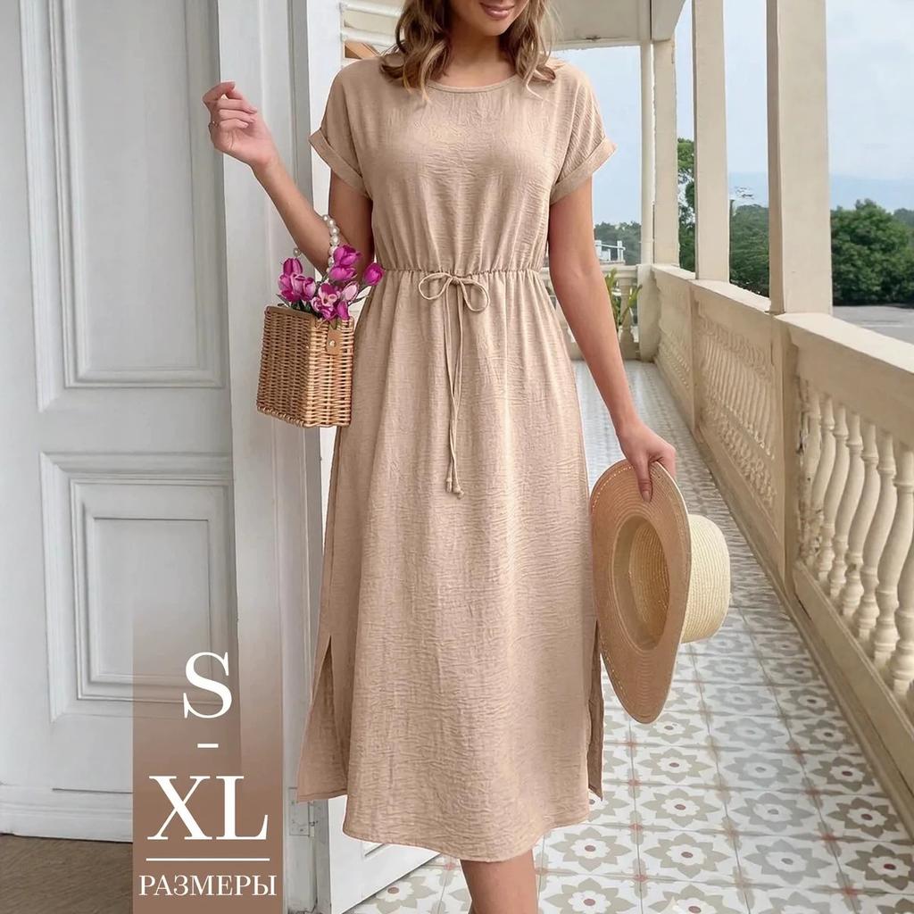 women's crinkle textured round neck drawstring waist short sleeve side split midi sundress summer casual beach dress
