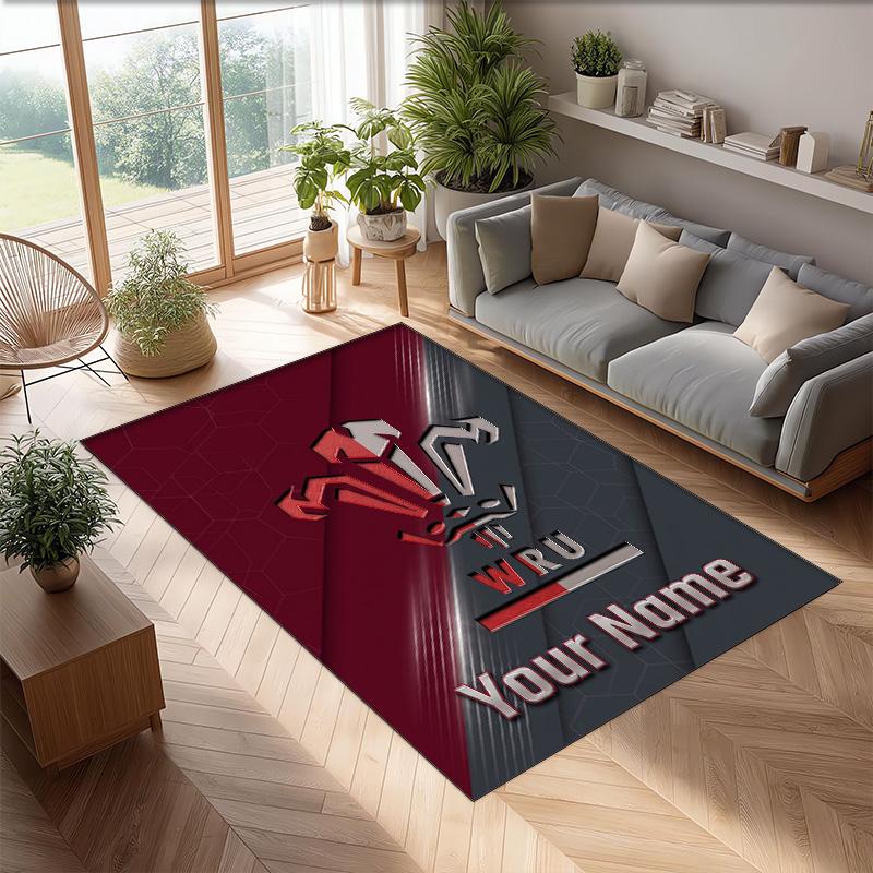 Wales Rugby Crystal Velvet Rug, Custom Name Text Personalized Non‑Slip Floor Mat for Home Decor Gift