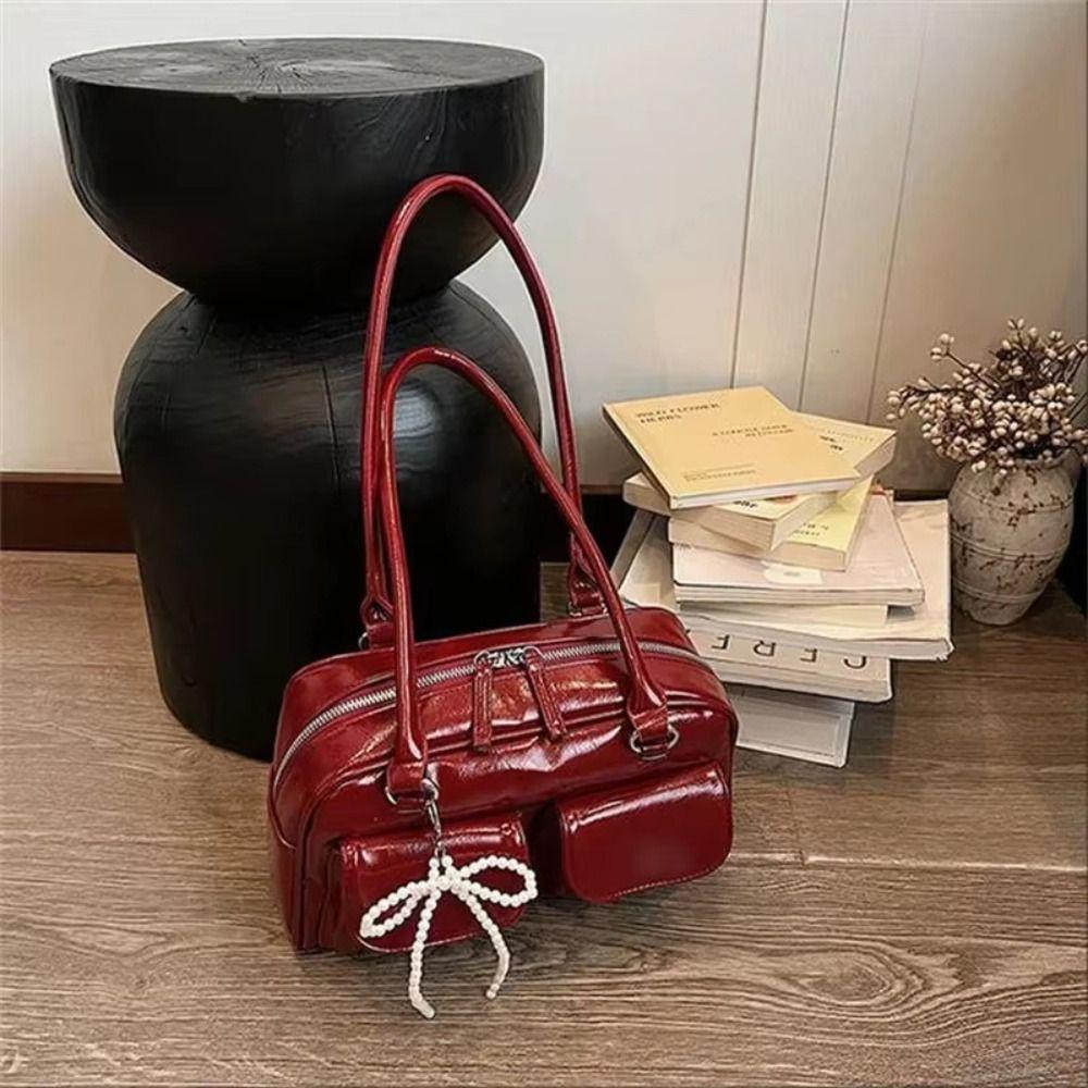 Solid Color Pocket Boston Tote Bag Korean Style Underarm Bag Mini PU Bowling Bag  Girls