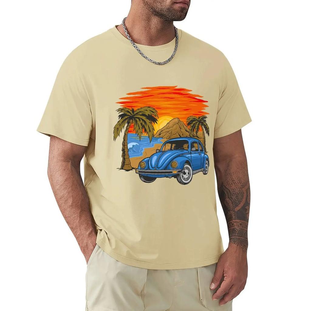 Holiday Vintage Car With Sunset In The Beach T Shirt Harajuku Short Sleeve T-shirt 100% Cotton Graphics Tshirt Tops