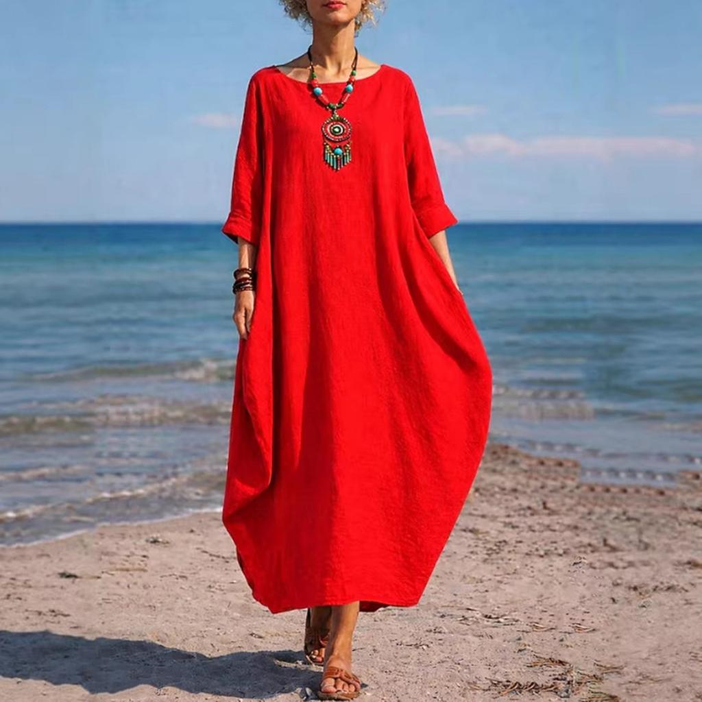 Women's Fashionable Color Round Neck 3/4 Sleeved Cotton Linen Casual Vacation Loose Long Dress