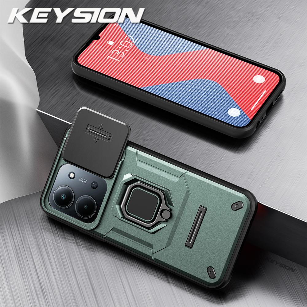 KEYSION Shockproof Armor Case for Redmi 15C 171mm 173mm Slide Camera Lens Protection Metal Ring Stand Phone Back Cover for POCO C85