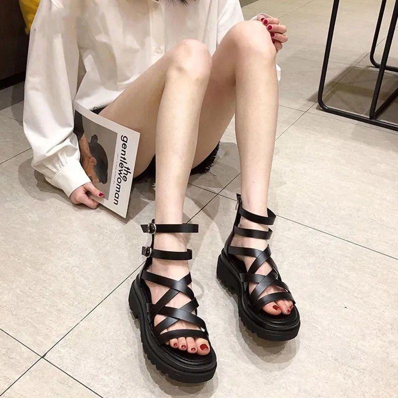 22 Summer New Sandals Rear Zipper Cross Strap Student Platform High Top Muffin Cool Boots Fashion Women's Shoes