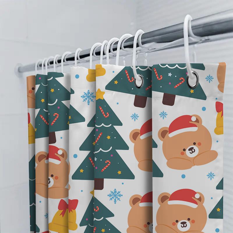 Teddy Bear Christmas Shower Curtain Decorative Fabric Print Waterproof Bath Mat Set For Kids Bathroom (Green)