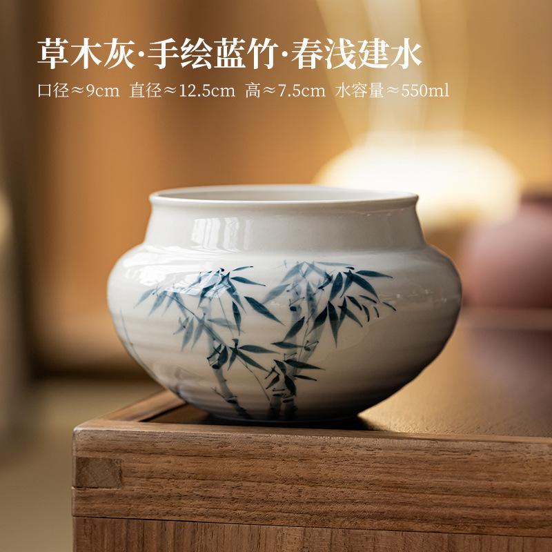 

550ml Hand Drawn Blue Bamboo Jianshui Zen Tea Wash Writing-brush Washer Tea Garbage Can Tea Dust Cylinder Barrel Chaxi Ornaments
