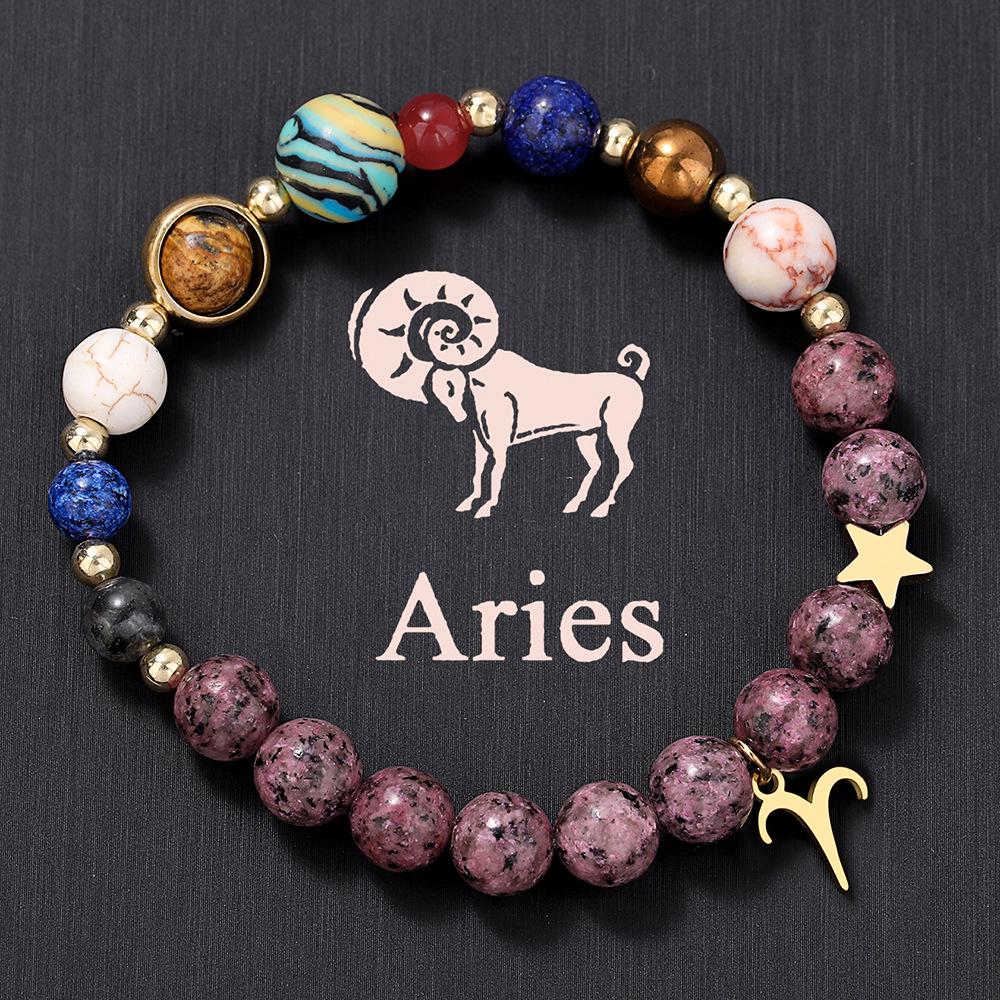European American Zodiac Basalt Beaded Bracelet with Eight Planets