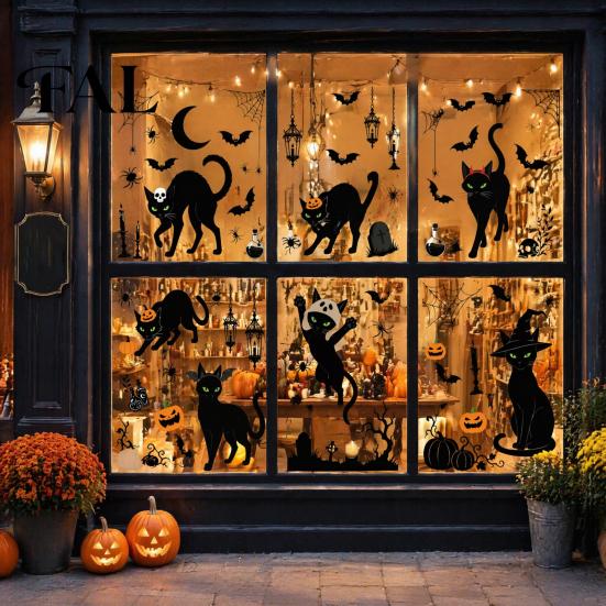 Indoor Seasonal Glass Art 6 Sheets/Set Black Cat Window Stickers, Adhesive Free Static Clings, No Residue Holiday Decorations Halloween Bat