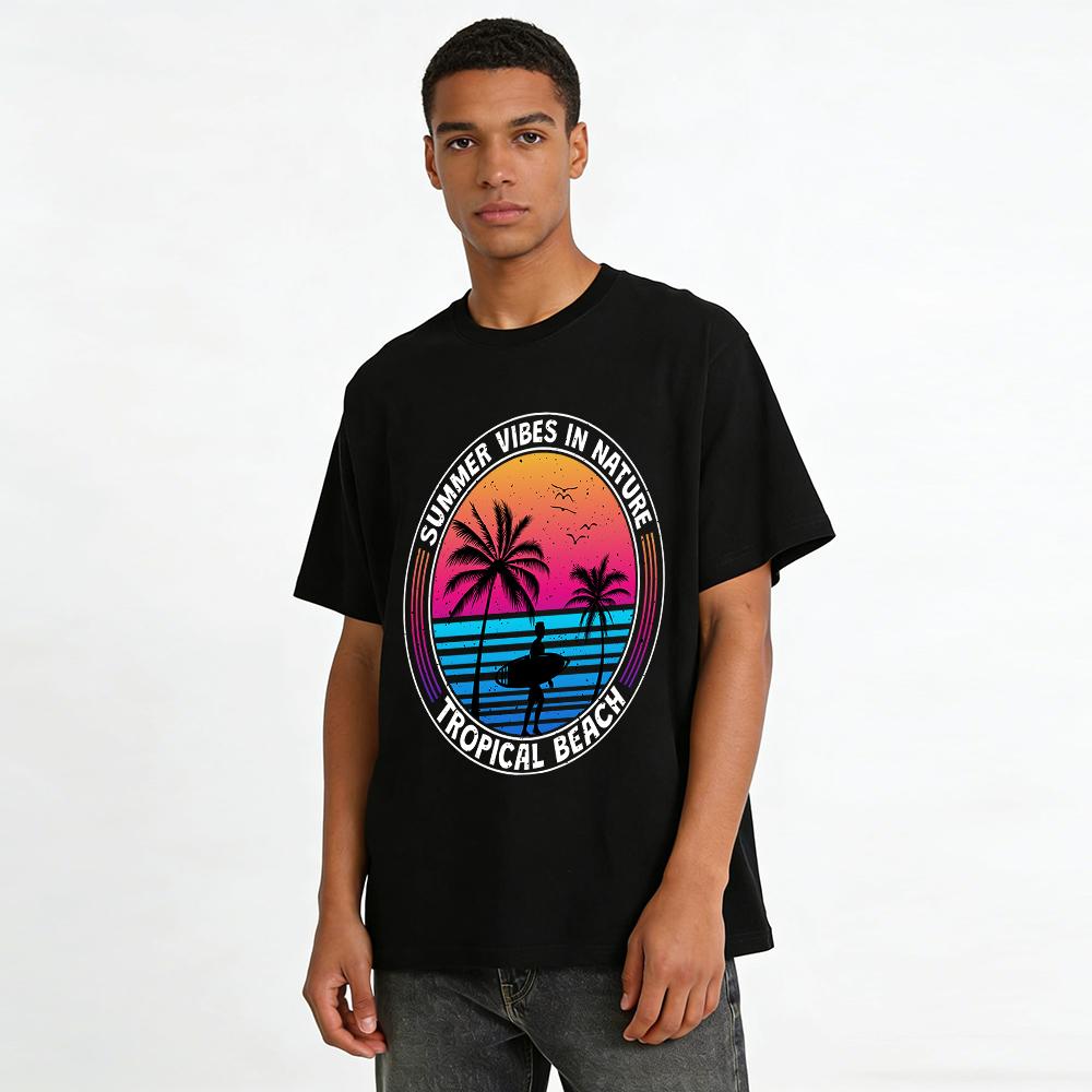 Vintage Surf Coconut Tree Sunset Print Casual Tee Pure cotton T-shirt