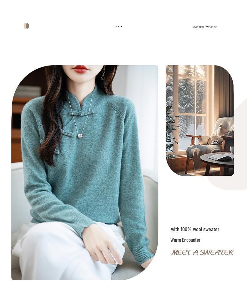 100% Australian Wool Retro Chinese Style Frog Button Sweater - Women's Thick Wool Base Layer for Autumn/Winter 2025.