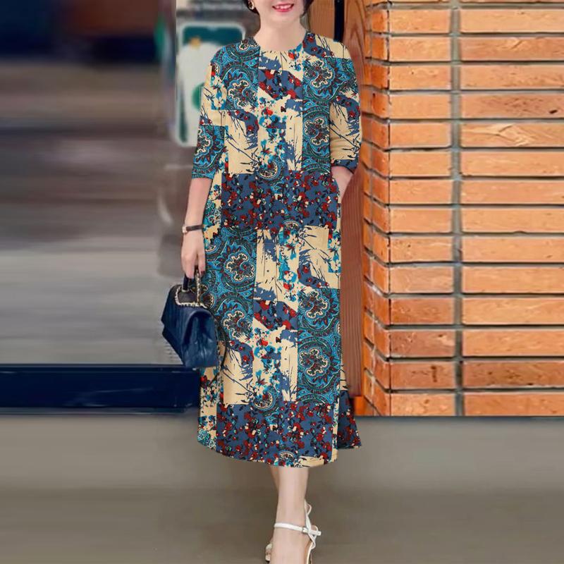 ZANZEA Women Casual Round Neck 3/4 Sleeve Loose Print Dress