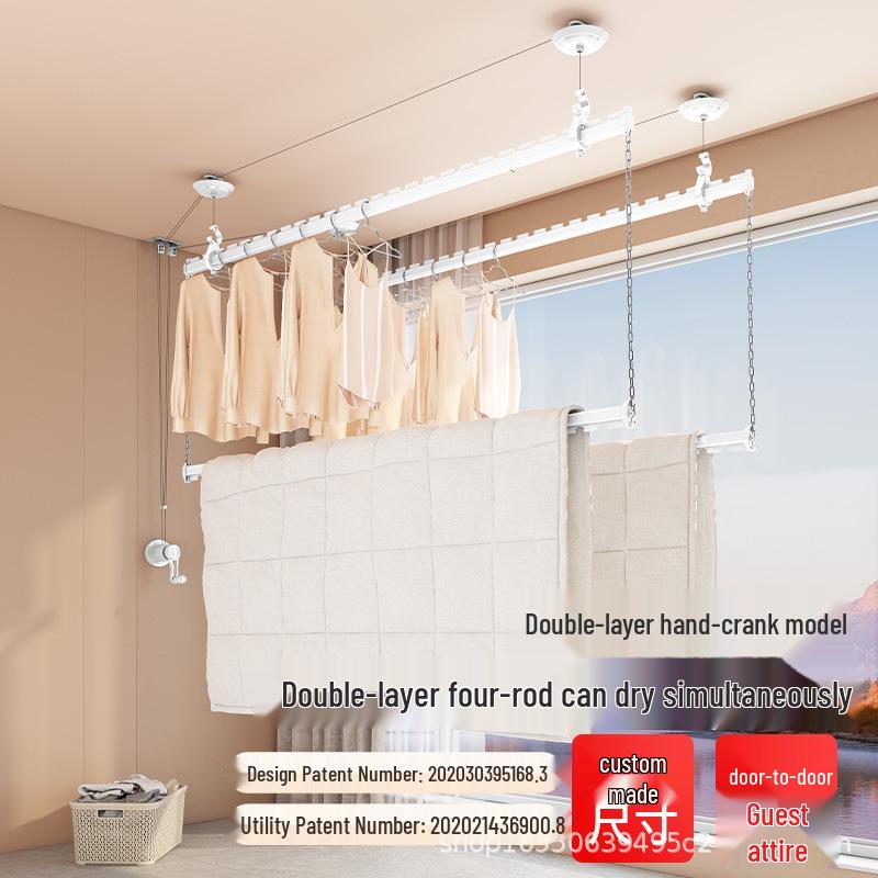 Four-Rod Hand-Crank Double-Layer Clothes Drying Rack for Balcony Luxury Silver 0.9m