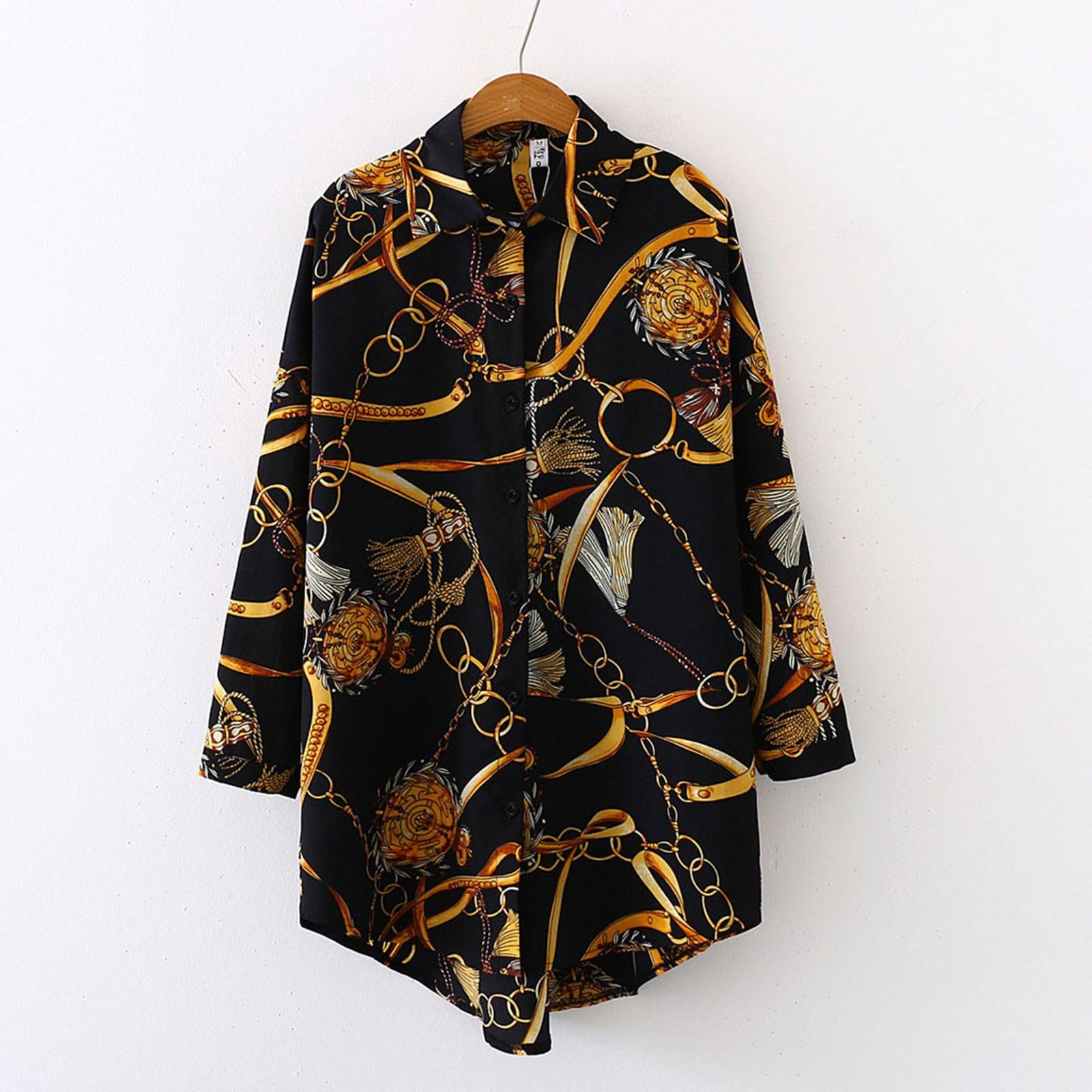 

Fashion Women Loose Long Sleeve Printed Turn-down Button Ladies Top Shirts M чорний