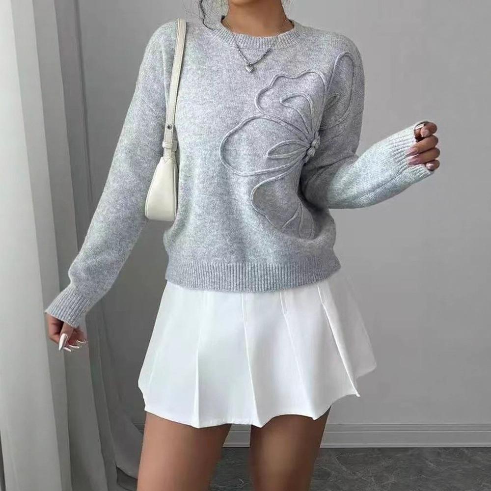 Women's Crew Neck Long Sleeve Knit Sweater Loose Fit Elegant 3D Floral Hook Embroidery Solid Pullover Blouse