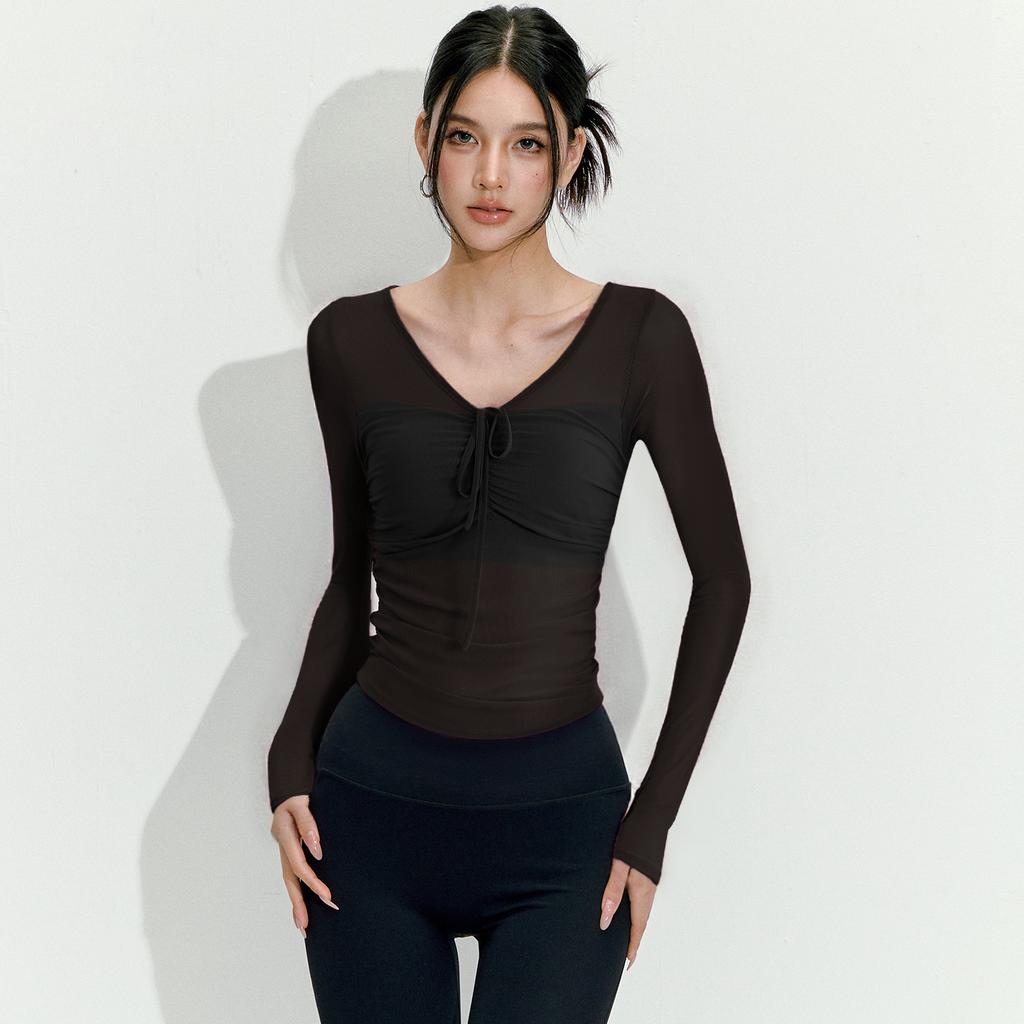 Sexy Mesh High-end Yoga Clothes Long-sleeved Integrated Chest Pad Fitness Professional Training Pilates Sports Top