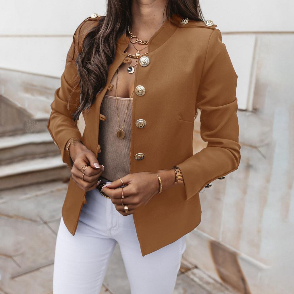 Chaqueta corta de traje pequeño de manga larga de color sólido informal para mujer
