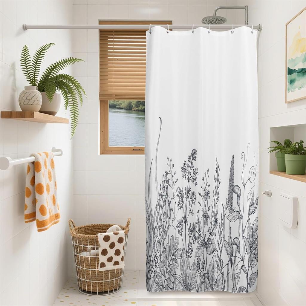 Botanical Stall Shower Curtain, Black and White Plant Herb Flower Floral Small Dorm Bathroom Curtain, Natural Modern Plants Narrow Shower Curtain Set
