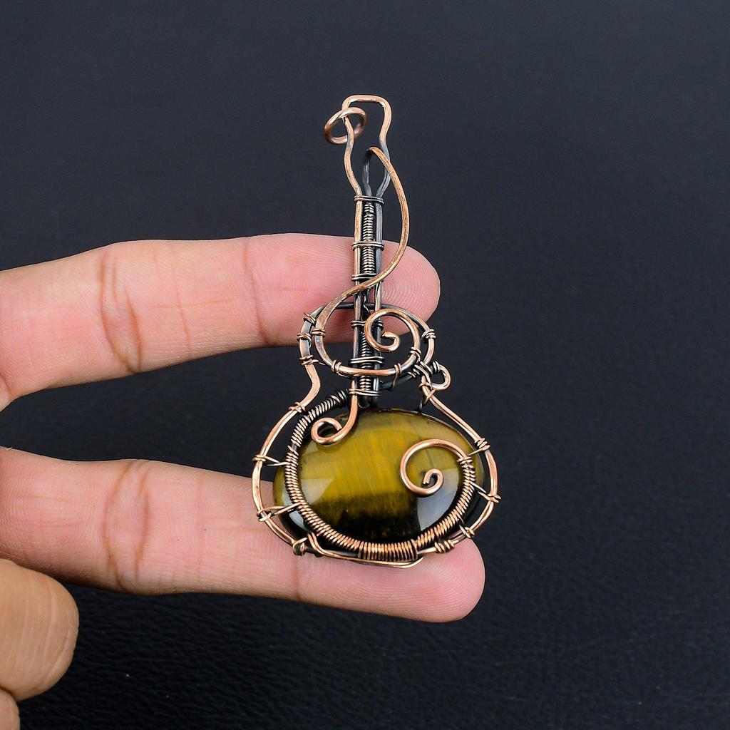 Tiger's Eye 999 Copper Wire Wrapped Pendant, Handmade Gemstone Pendant, Gift For Mom Antique Jewelry