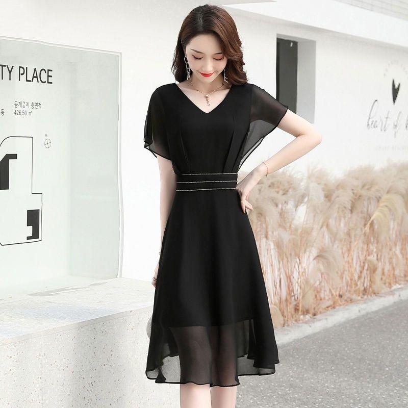 Buy Dress Female Summer Loose Large Size Black Chiffon Dress Short-sleeved  Waist V-neck Slim Casual All-match at affordable prices  free shipping,  real reviews with photos  Joom
