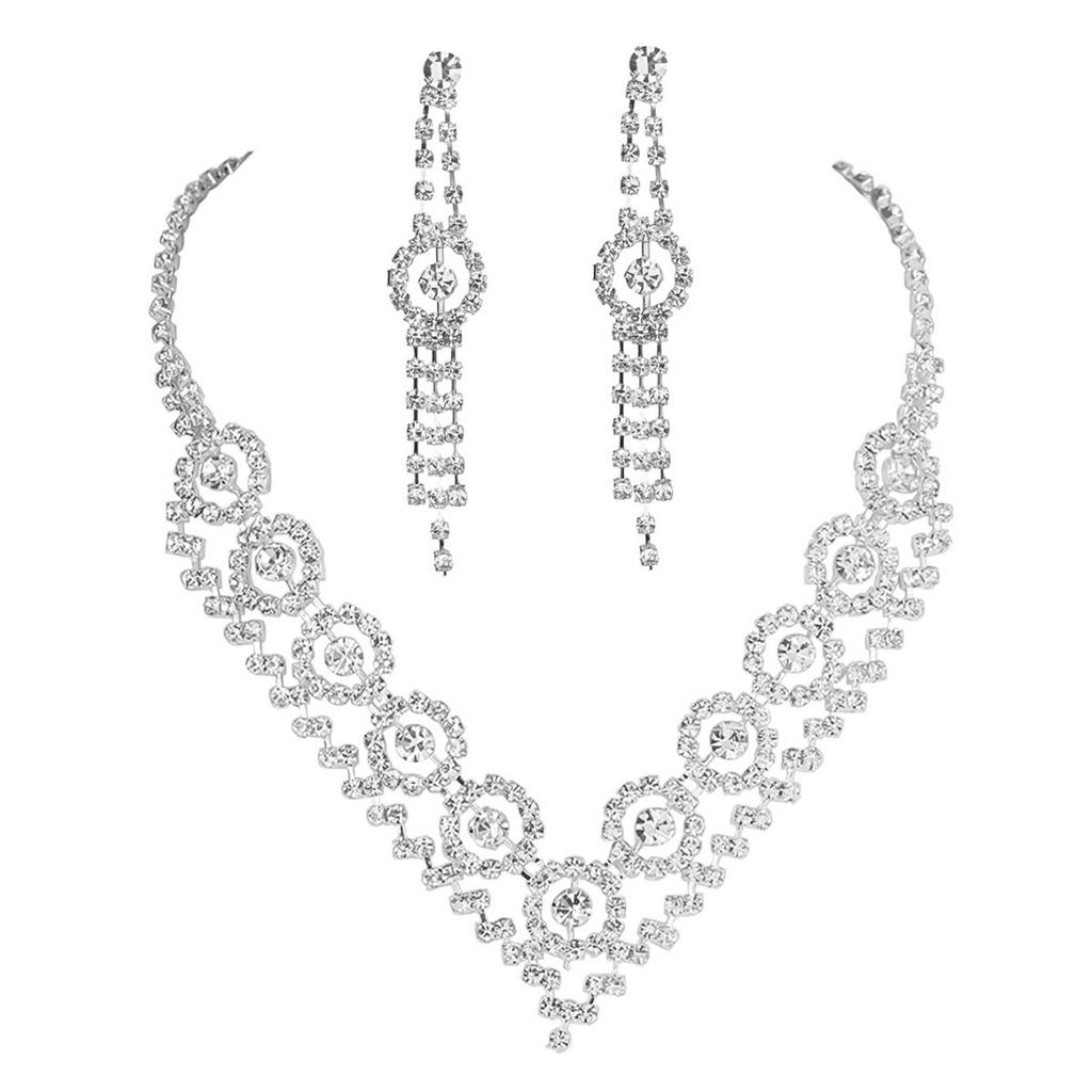 Ketten Set Luxus Funkelnde Strasssteine Halskette Ohrringe Zweiteiliges Set Brautschmuck Hochzeitskleid Zubehör