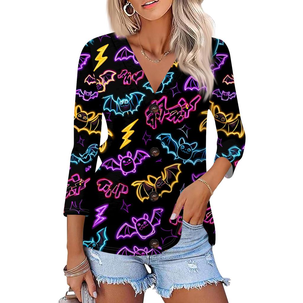 Damenmode Lässiges bedrucktes Button-Down-Hemd 3/4 lange Ärmel Oberteile