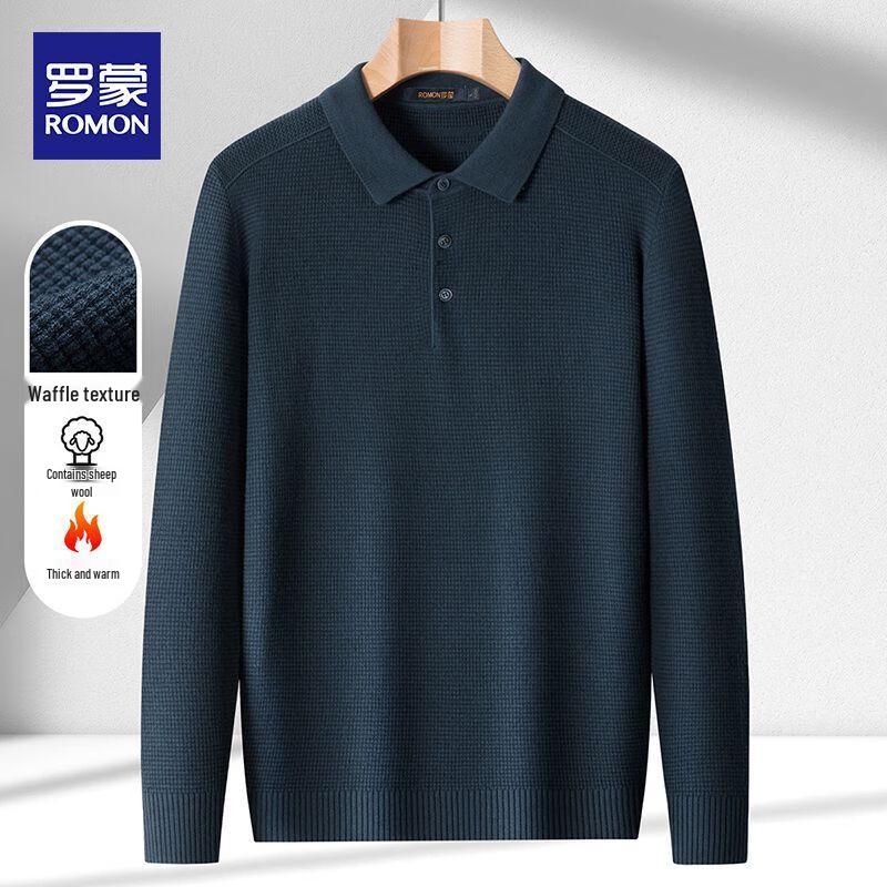 

Romon Men s Waffle Knit Wool Blend Long Sleeve Polo Sweater L