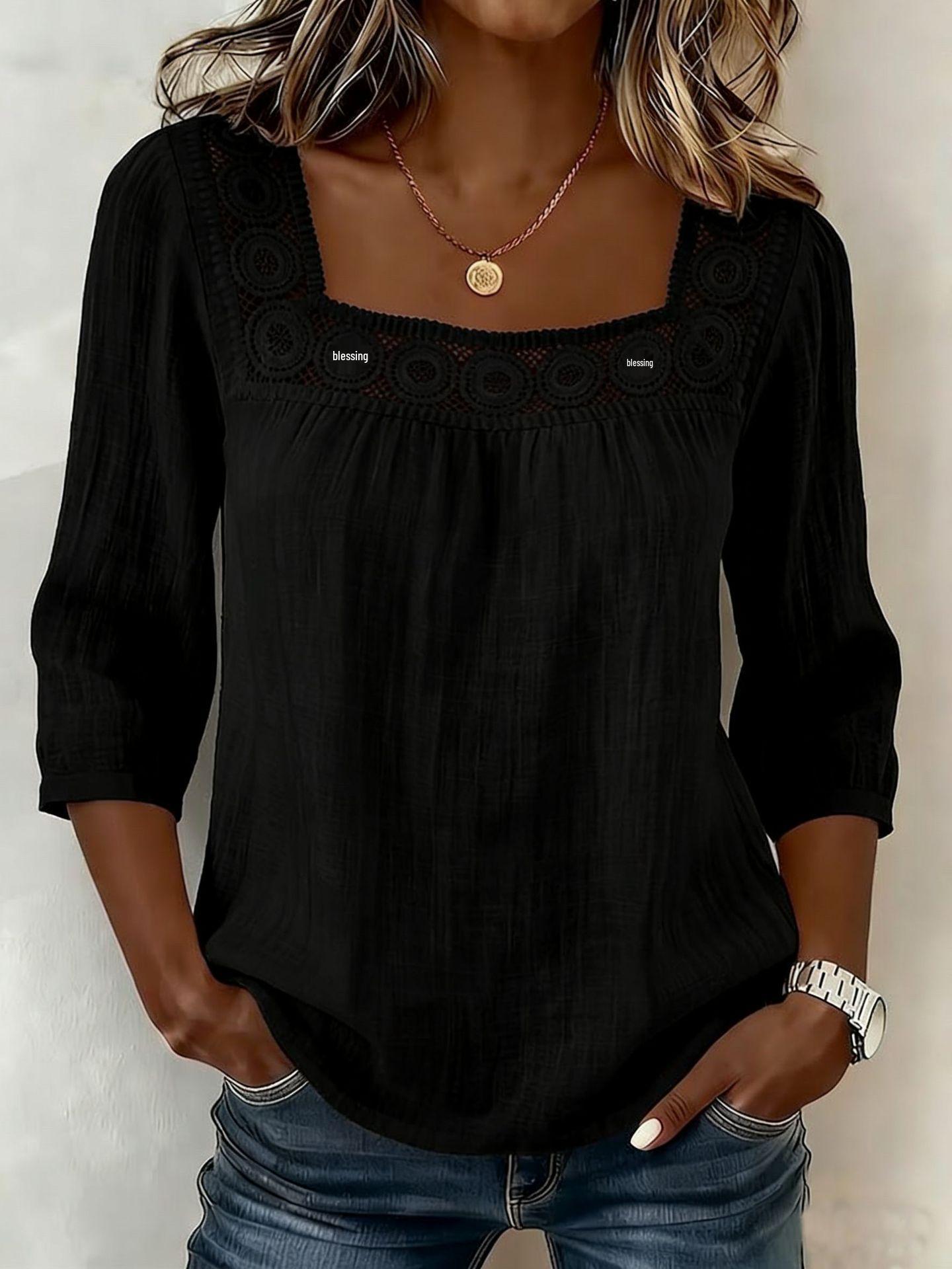 Neues Sommer-Damen-Oberteil aus Baumwolle und Leinen - Einfarbig, Karree-Ausschnitt, Spitzen-Patchwork, Dreiviertelärmel XL schwarz