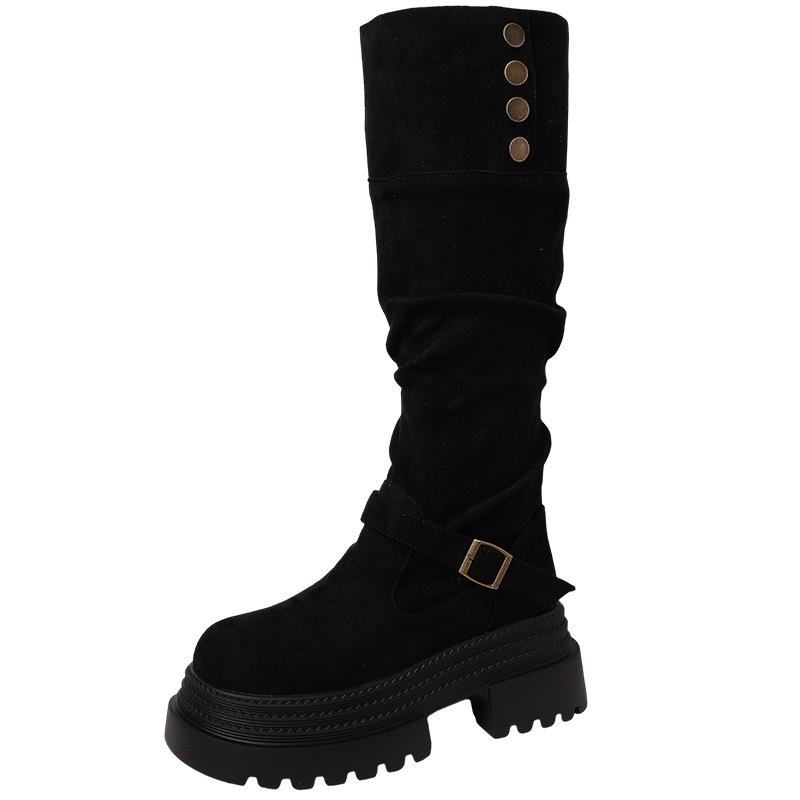 Retro British Style Thick-heeled Thick-soled Boots for Women's Autumn and Winter Fashion Versatile Suede and Thin Two Wear High-heeled Knight Boots