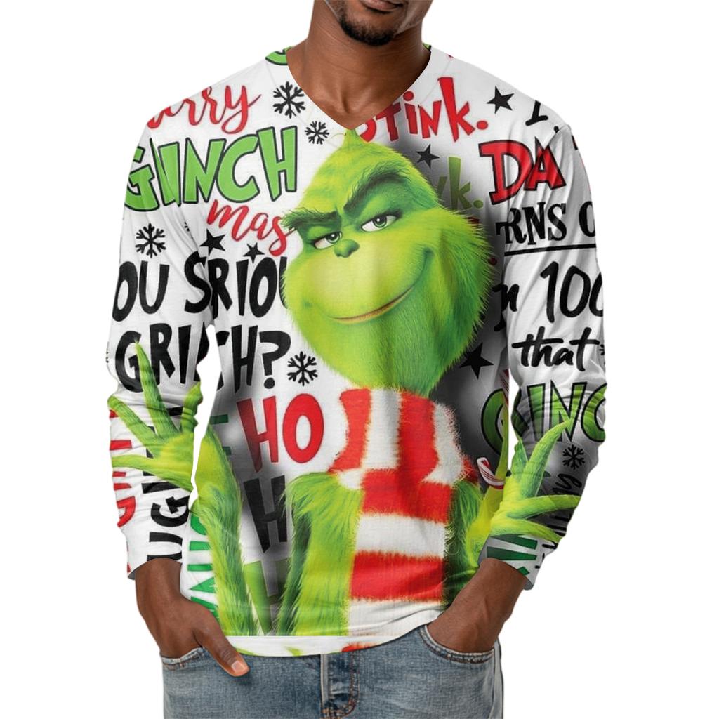 Men's Fashion Printed V-Neck Casual Long-Sleeved T-Shirt Bottoming Shirt Top