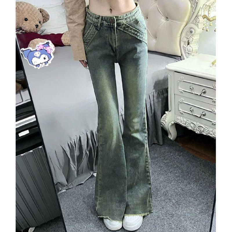 

2024 Retro Slim Flare Jeans: High & Low Waist Horseshoe Design L: 53-58kg