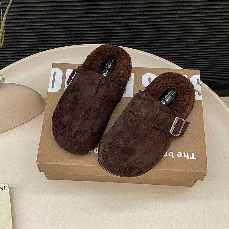 

Модные ретро универсальные туфли Birkenstock из шерсти с пряжкой женские 2025 осень и зима новые бархатные на толстой подошве однотонные с сумкой и помпоном 40 темно-коричневого