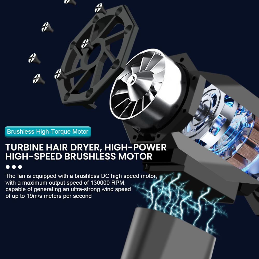 პორტატული ელექტრო ჰაერის გამწმენდი საწმენდი ჰაერის ნაკადის ინსტრუმენტი მტვერსასრუტი მანქანის გასაწმენდად თოვლის გასაბერად 4 სიჩქარით რეგულირებადი ტურბო რეაქტიული ვენტილატორის ტიპი Type-C დამუხტვა