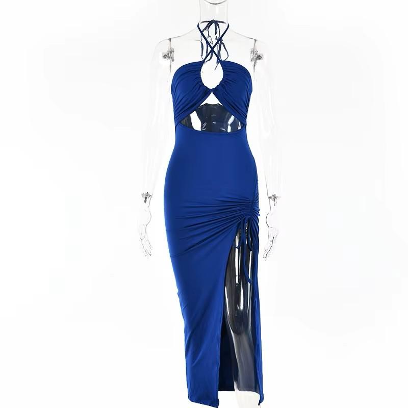 Sleeveless Sexy Slim Female Midi Dress Slim Hollow Out Backless Shoulder Off Halter Night Club Partywear Clubwear Women Bodycon Elegantes Strap