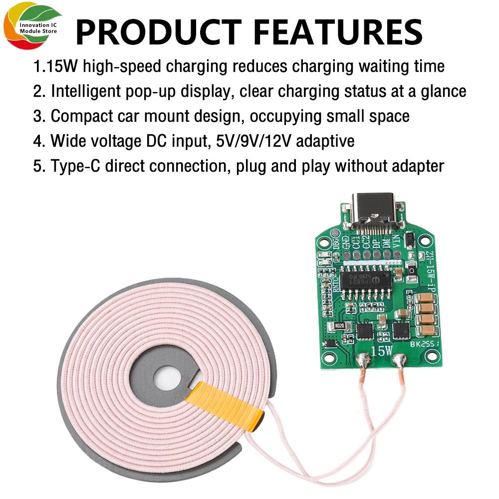 DC 5V 15W High-Power Wireless Charging Module Transmitter Features Pop-up Notification Display, Compact Car Mount