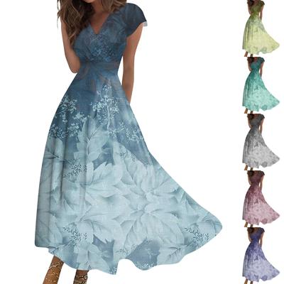 Langes Damenkleid, Maxikleid, Freizeitkleid, Sommer, lässig, kurzärmelig, V-Ausschnitt, Boho-Taillenrückzug, bedrucktes Kleid
