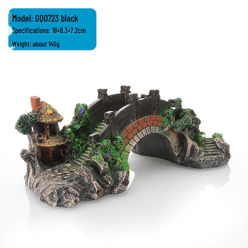 Fish Tank Decor: Artificial Mountain & Wooden Suspension Bridge Set