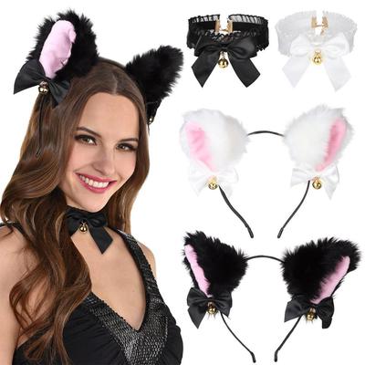 2 Pcs With Bells Cat Ear Headband Furry Cat Ears Headwear Make Up Bells Necklace  Women Girls