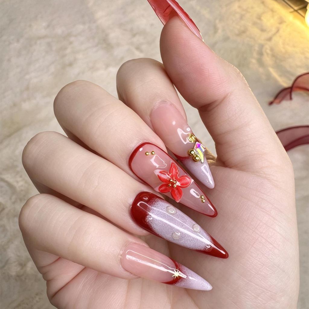 Handmade Press On Nail French Red Purple Gradient Blur 3D Carved Flowers Gold Pearls Stars Long Almond Fake Nail Patch Artificial Nail Reusable