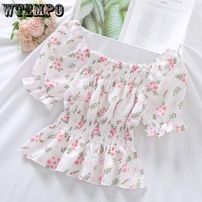 Sweet Broken Flower Slash Neck Women Blouse Agaric Edge Pleat Design Slim Elastic Waist Cropped Top Cute Chiffon T-shirt Summer