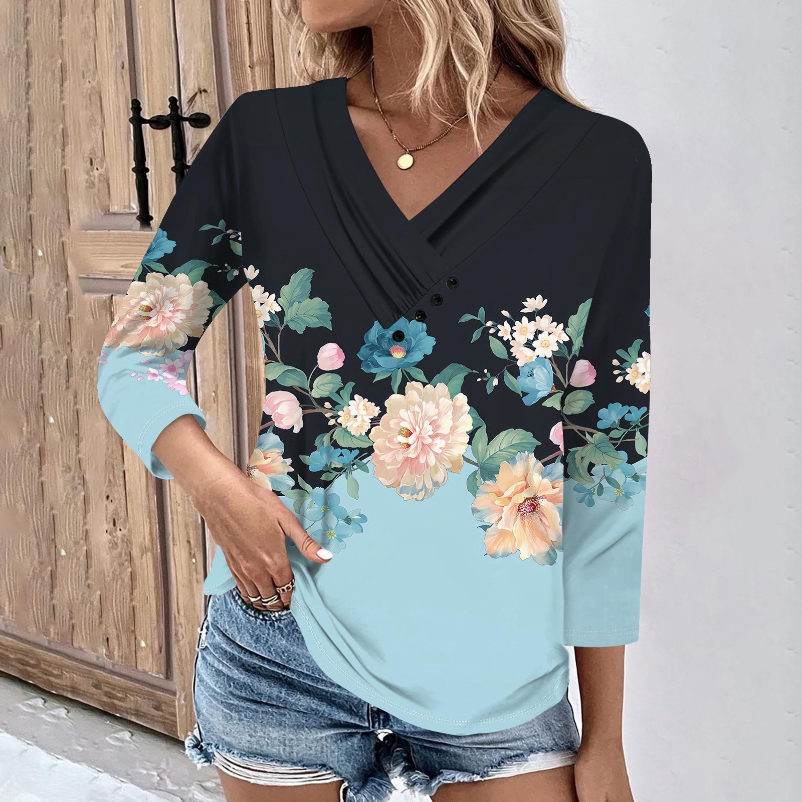 

Женские повседневные футболки с рукавом 3/4 для выходных с V-образным вырезом и принтом, свободные плиссированные футболки, женская блузка M