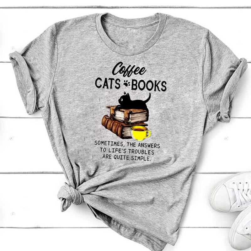 (Asian Size) Graphic Tee Women's Cat Books Love Sweet Trend Fashion Casual Print Short Sleeve Summer Top Ladies Female T Clothing T-shirt