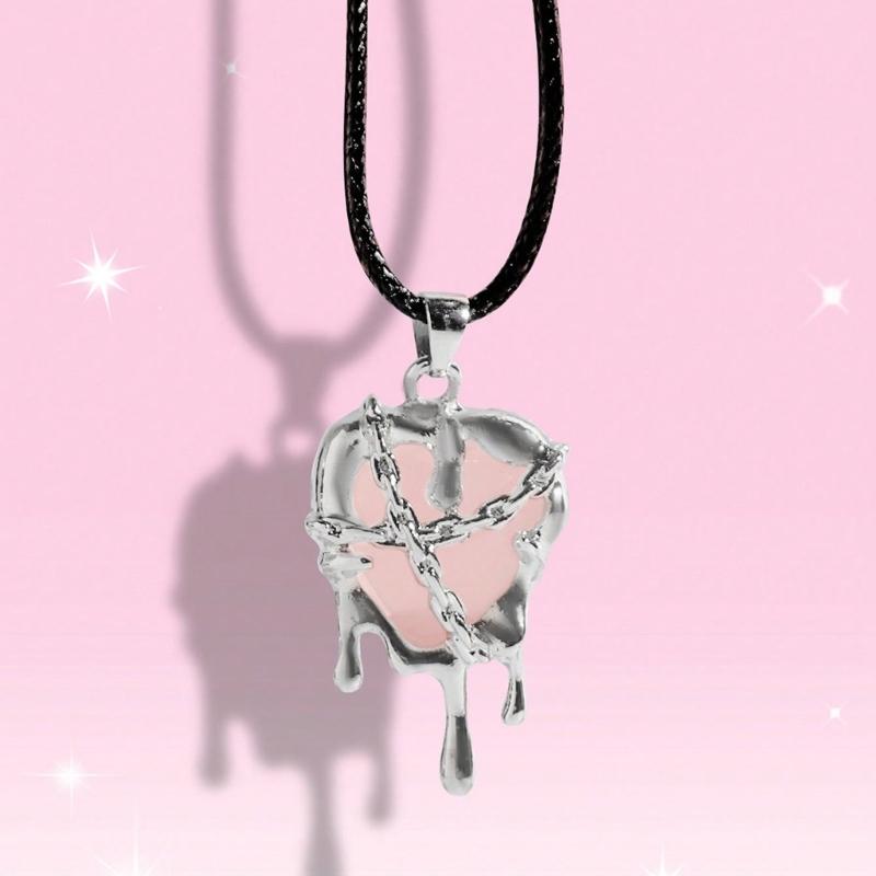 Punk Vintage Irregular Crystal Heart Necklace for Women Men Leather Rope Collarbone Chain Halloween Jewelry Accessories