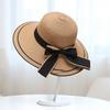 Women's Korean-style straw hat with large brim and bow, face-shading sun hat for outdoor beach use, UV protection, sun-proof straw fisherman hat