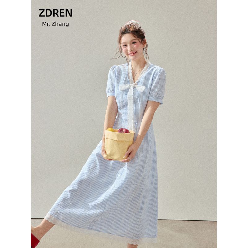 Zhang Daren 2026 Summer Plus Size Women's Dress for Chubby Girls, Slimming and Elegant Dress, Retro Style Blue A-Line Dress