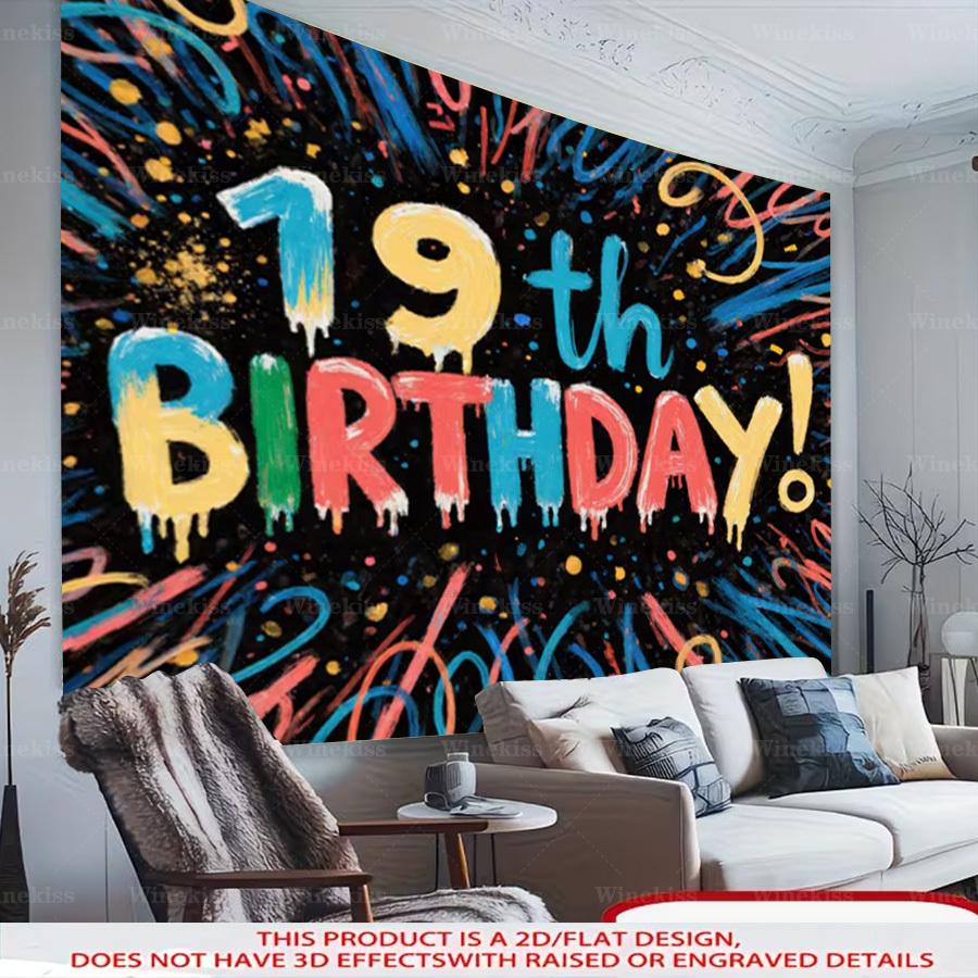 1pc 2D Flat 19th Birthday Party Banner Creative Graffiti Backdrop Indoor Outdoor Scene Party Decor For Garden Patio Living Room Birthday