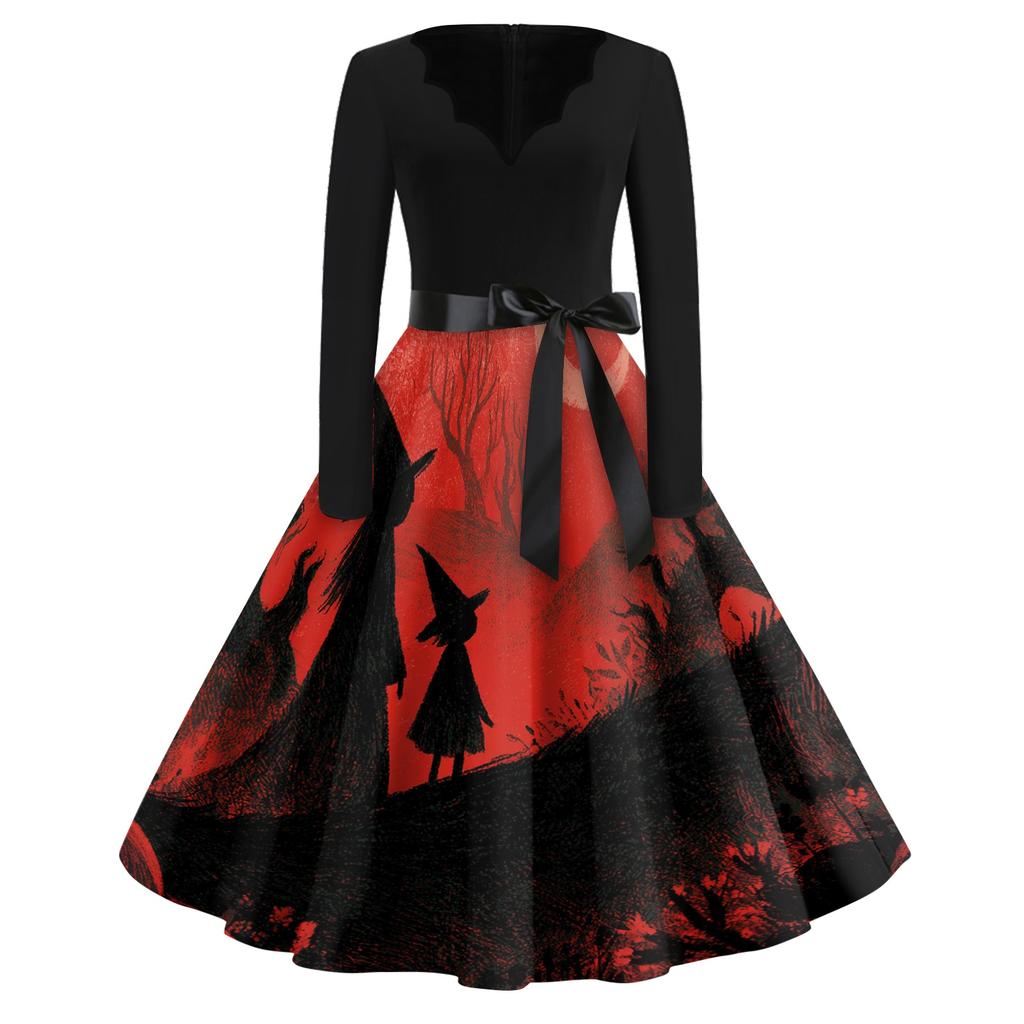 Women's V Neck Vintage Halloween Print Dress for Casual Party Wear