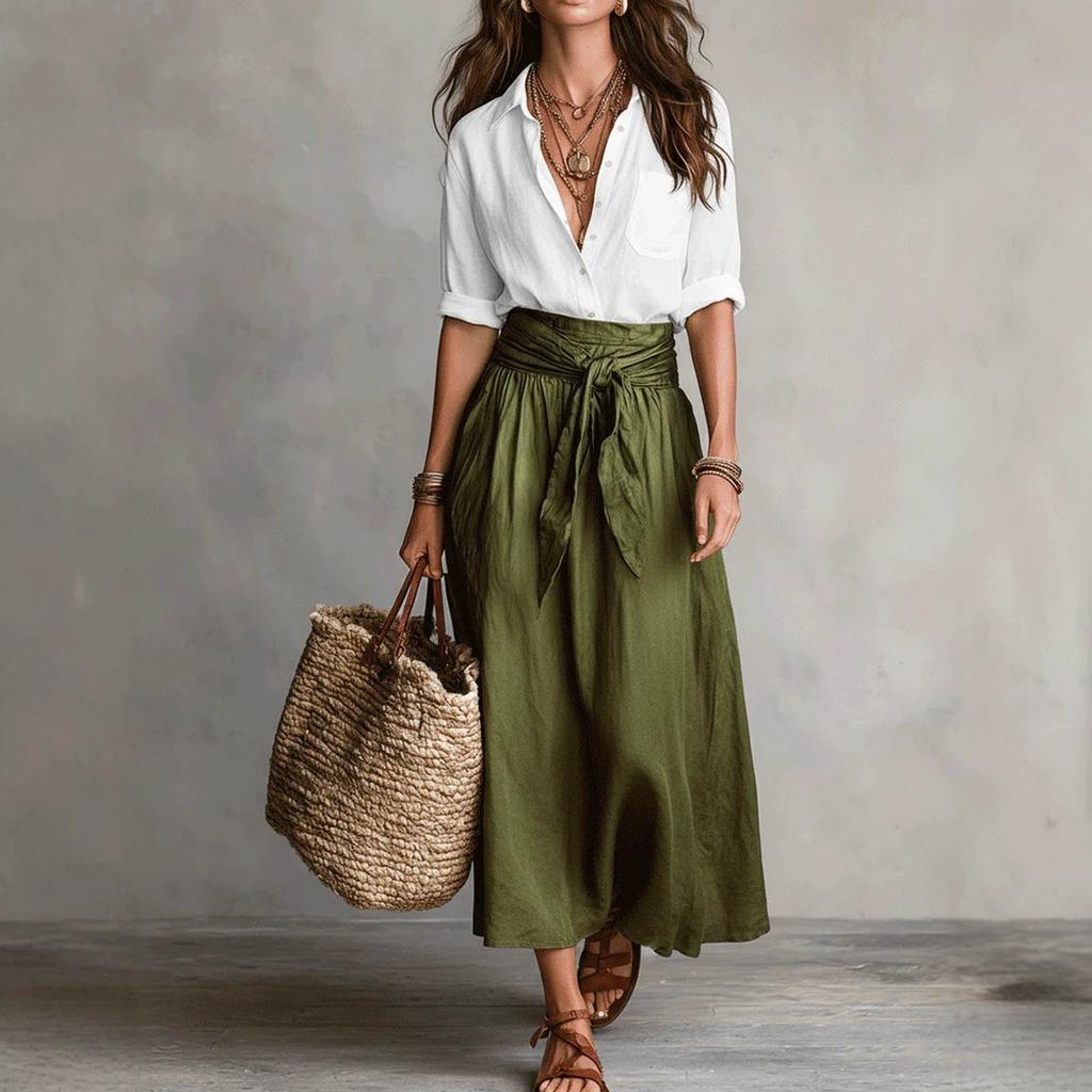 Damen Langarmshirt und Maxirock mit Bindegürtel 2-teiliges Freizeit-Outfit