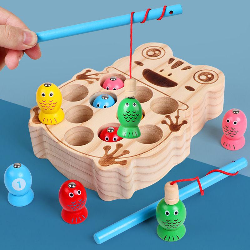 Children's Wooden Kitten Magnetic Fishing Set Toy1-2-3Year-Old Boys and Girls Educational Fishing