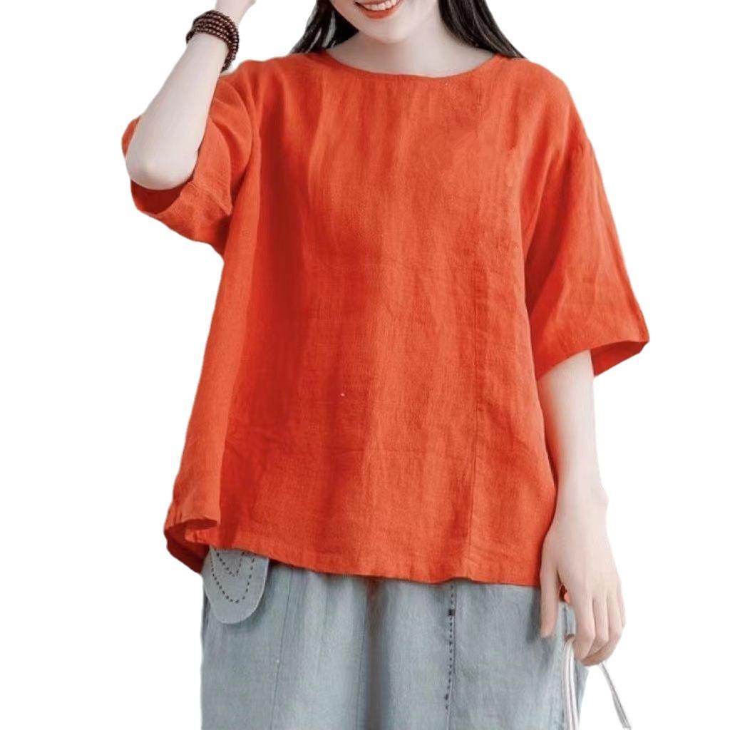 

Литературный хлопок и лен Повседневный женский летний новый большой размер Мама Свободный Простой Короткий рукав Ретро Топ Футболка 4XL