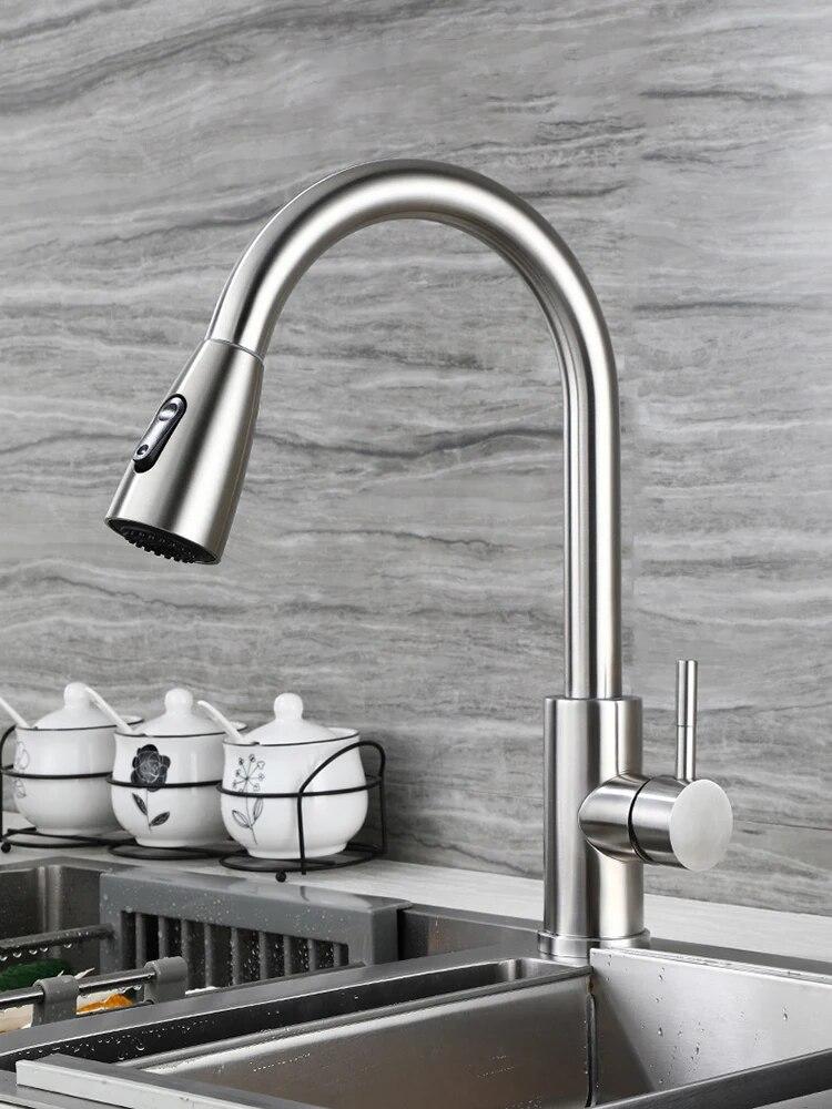 

1 шт. выдвижной кухонный смеситель, холодная и горячая вода, мойка из нержавеющей стали, выдвижной и вращающийся смеситель. серебряный