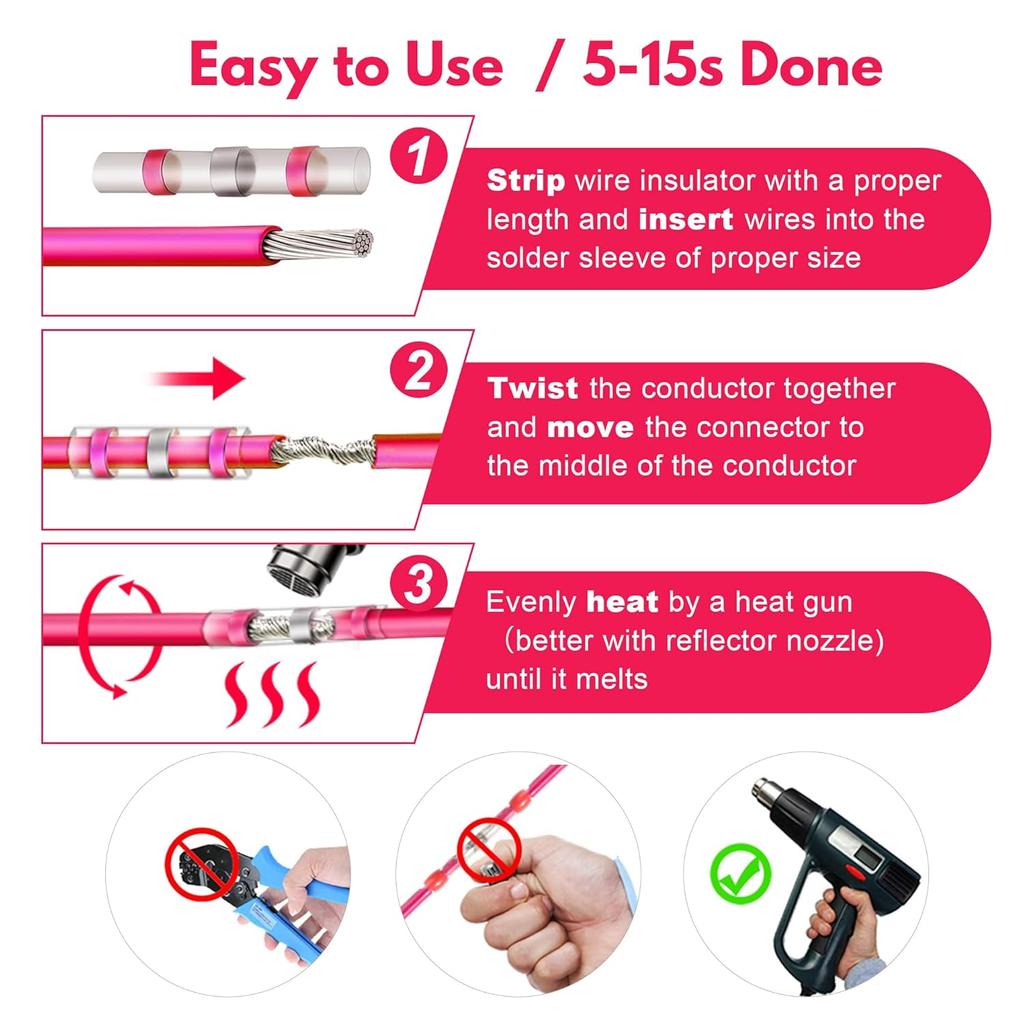 100PCS Heat Shrinkable Wire Connectors SST Waterproof Sleeve AWG26-10 Butt Electrical Splice Tinned Solder Seal Terminal